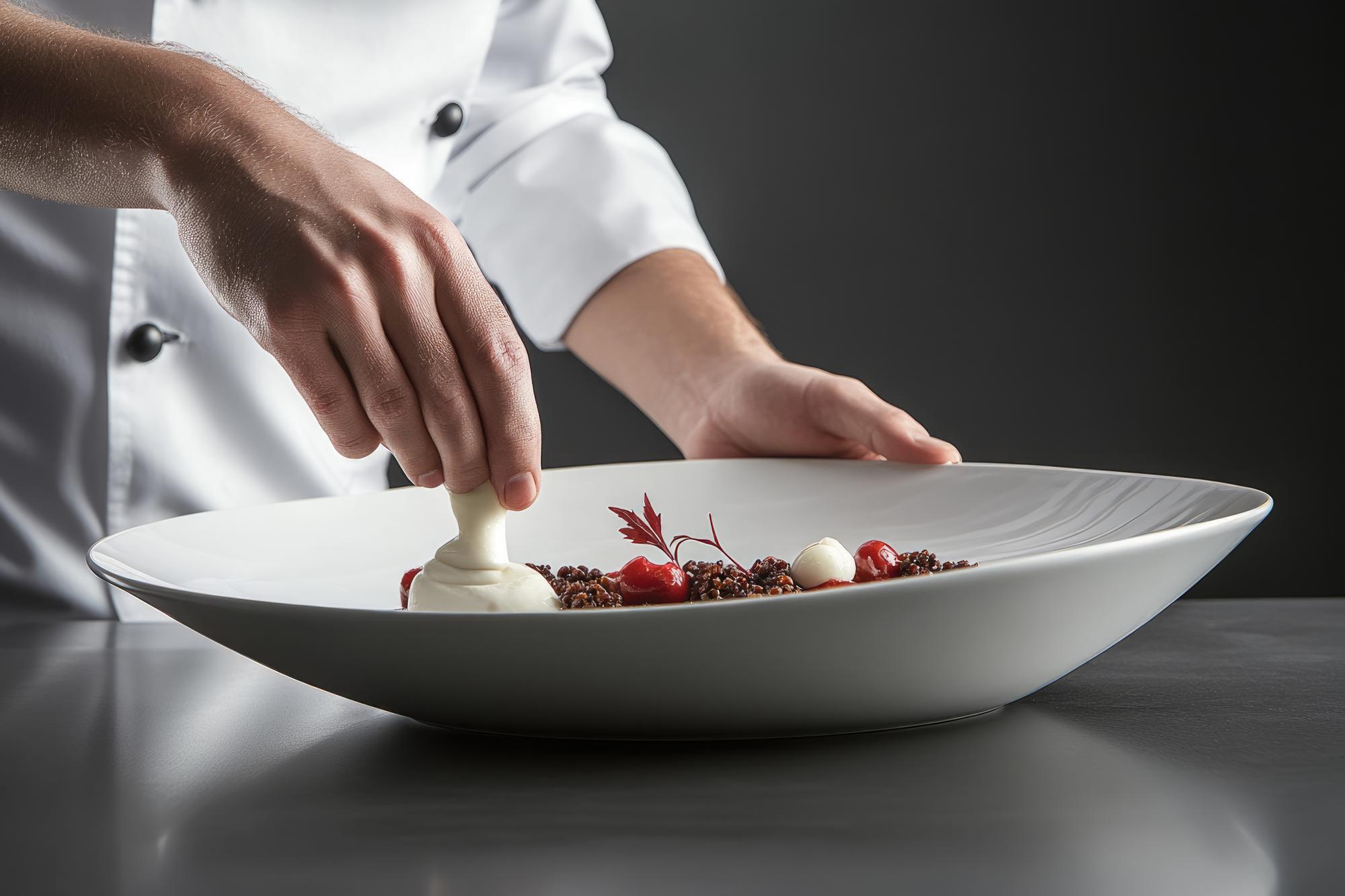 Chef plating a modern dish on a white ceramic plate