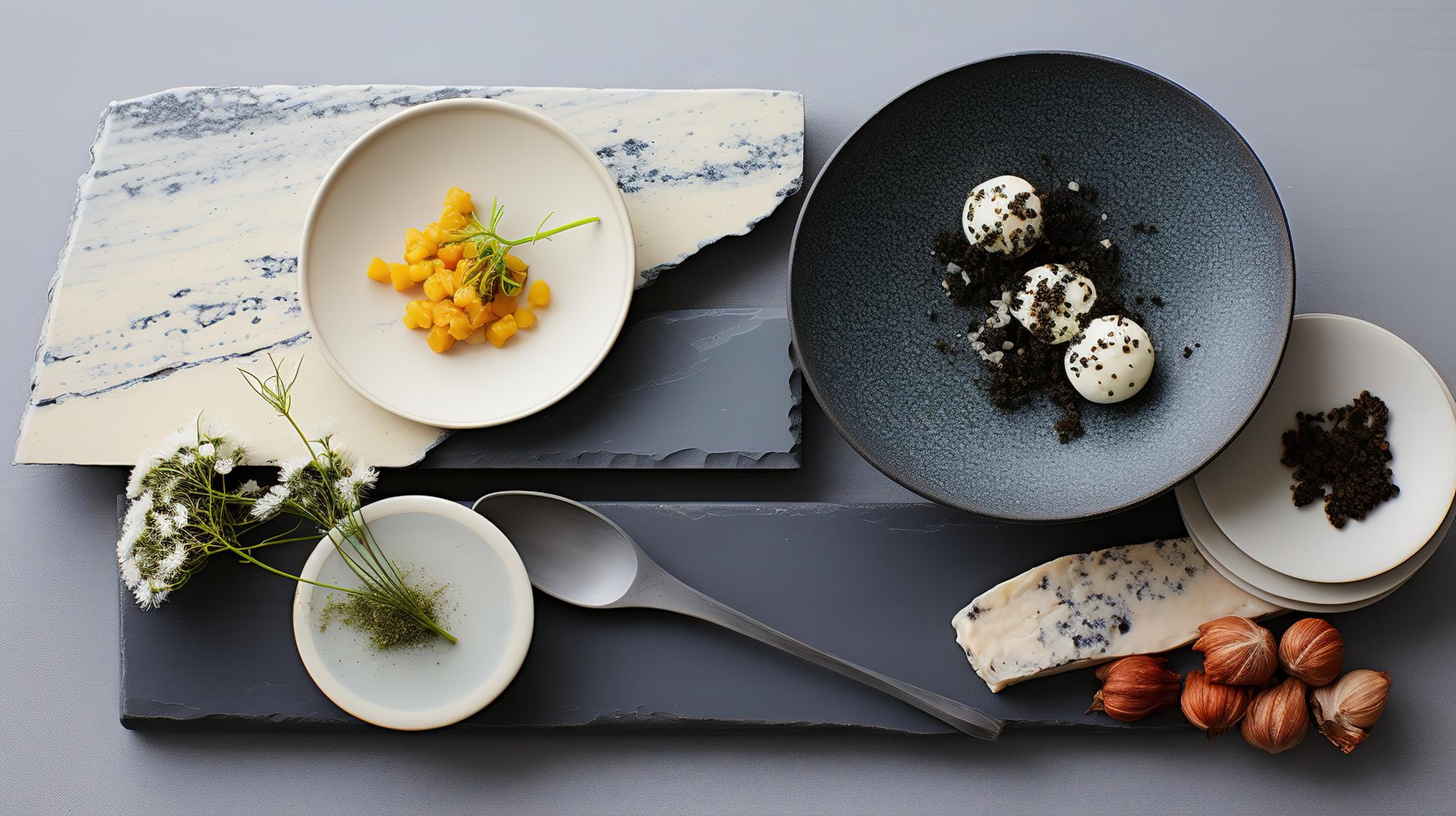 Stack of plated courses on a lacquered table